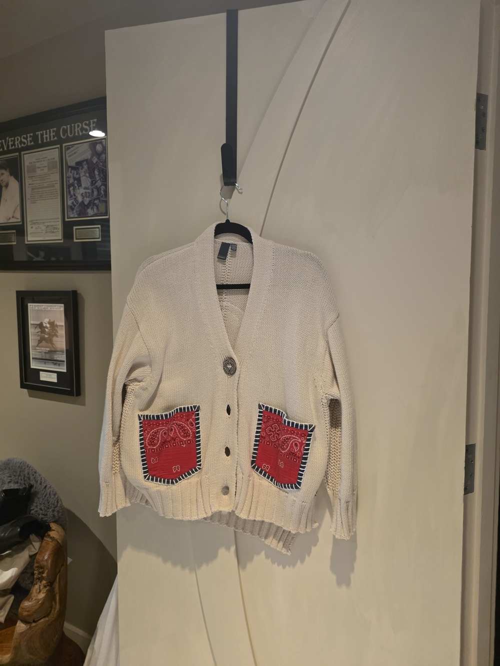 Shannon Passero Cream Knit Cardigan with Red Bandana Patch Pockets